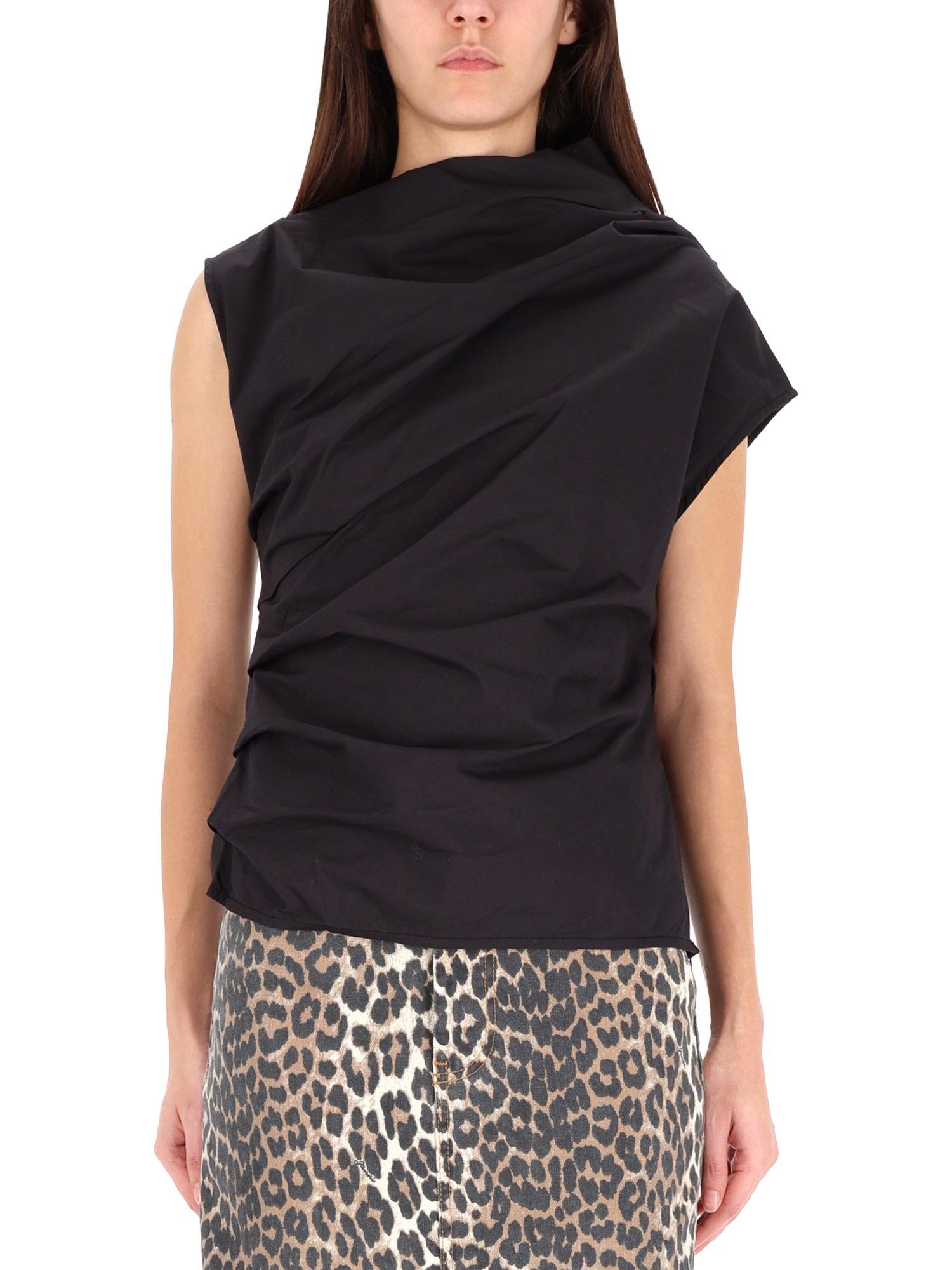 Ganni Asymmetric Draped Sleeveless Top With Open Back In Black