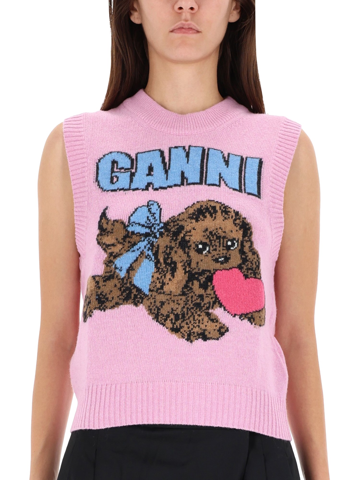 Ganni Womens Chalk Pink Puppy Round-neck Wool-blend Vest In Pink