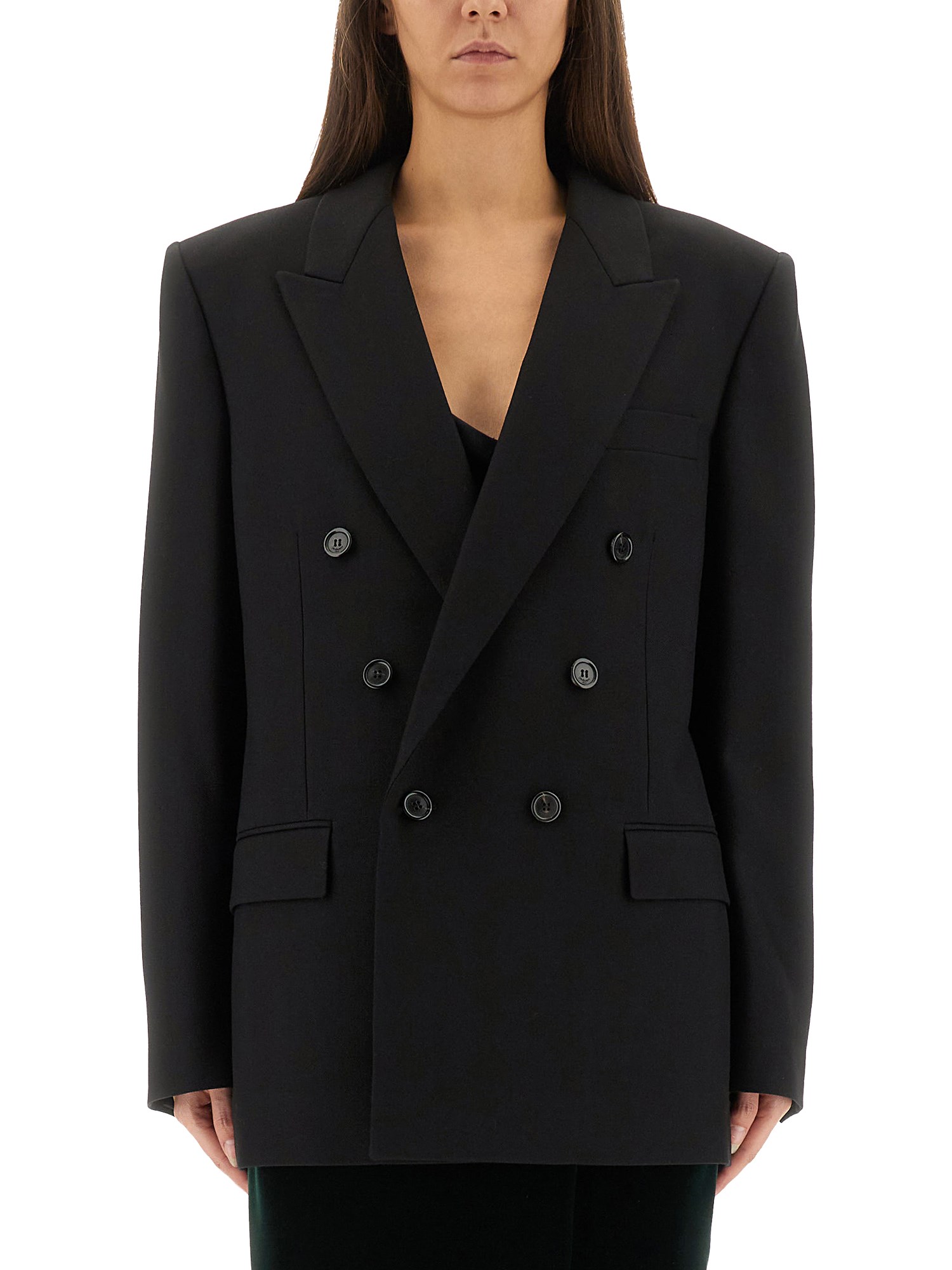 Saint Laurent Cassandre Double-breasted Wool Gabardine Blazer In Black
