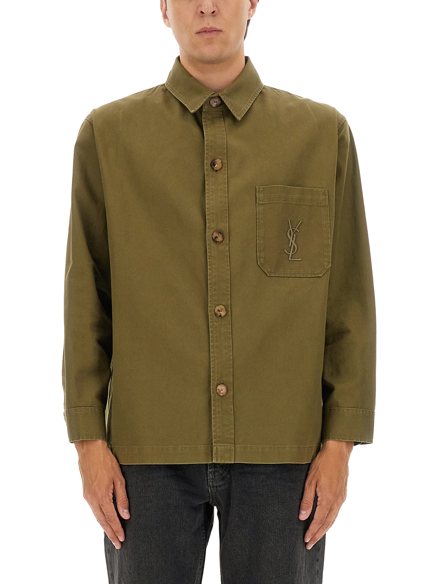 Saint Laurent Green Shirt With Classic Collar And Cassandre Embroidery On The Front In Cotton Man In Nude
