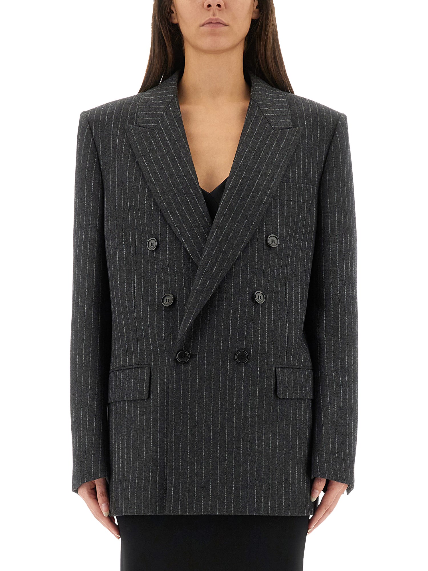 Saint Laurent Oversized Double-breasted Pinstriped Wool-flannel Blazer In Black
