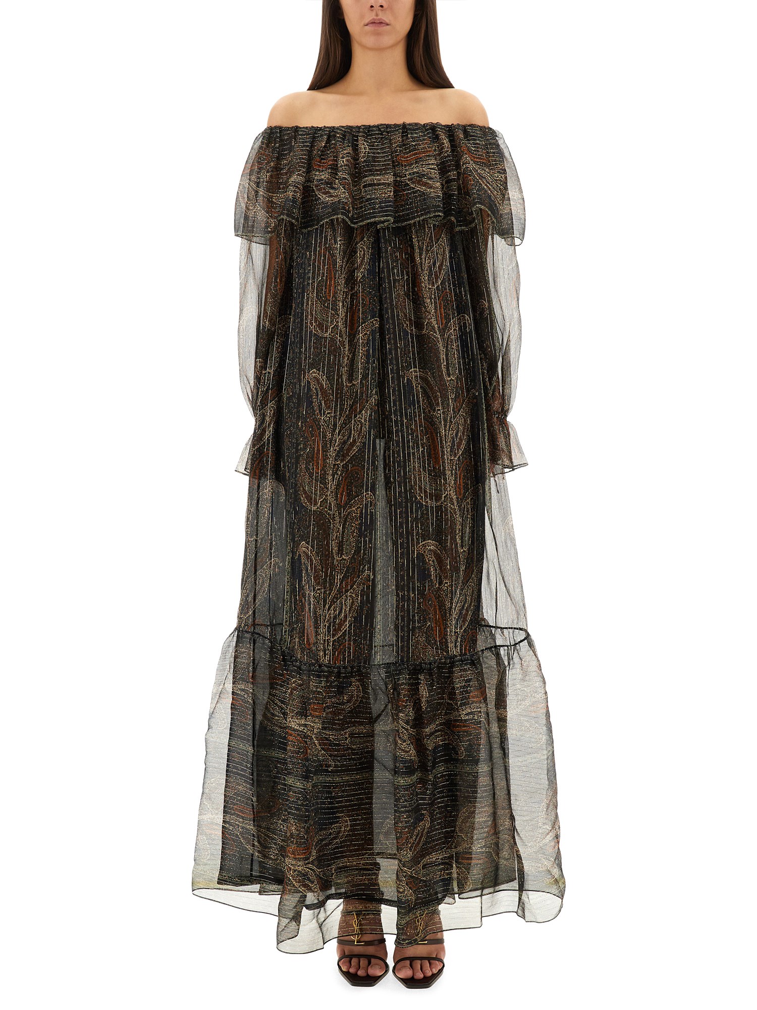 Saint Laurent Silk Lurex Creponne Dress In Black