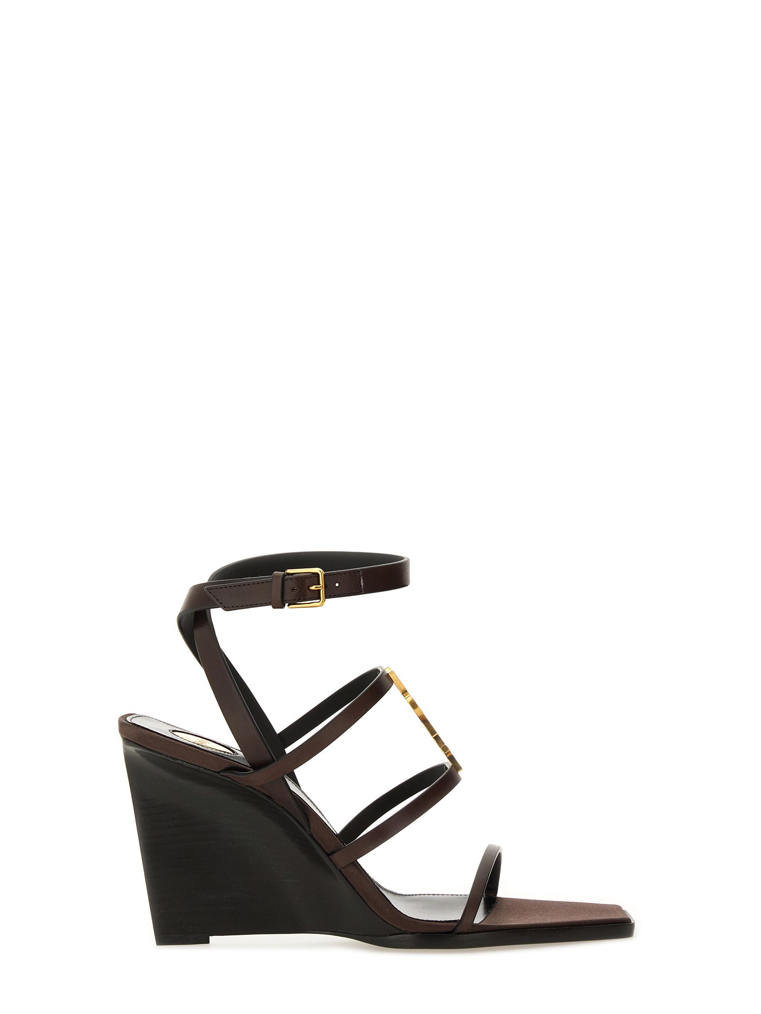 Saint Laurent Black Wedges With Metallic Cassandre Detail And Adjustable Leather Strap In Leather Women In Black