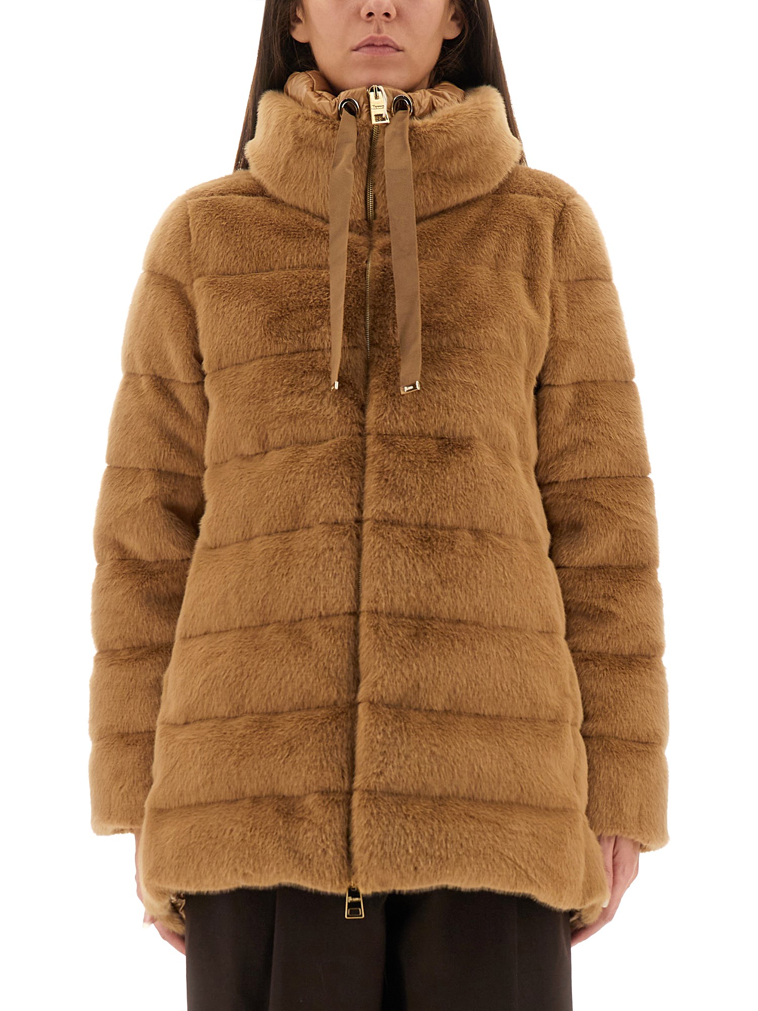 Herno Women Camel Lady Alternative Fur And Ultralight Nylon A-shape In Brown