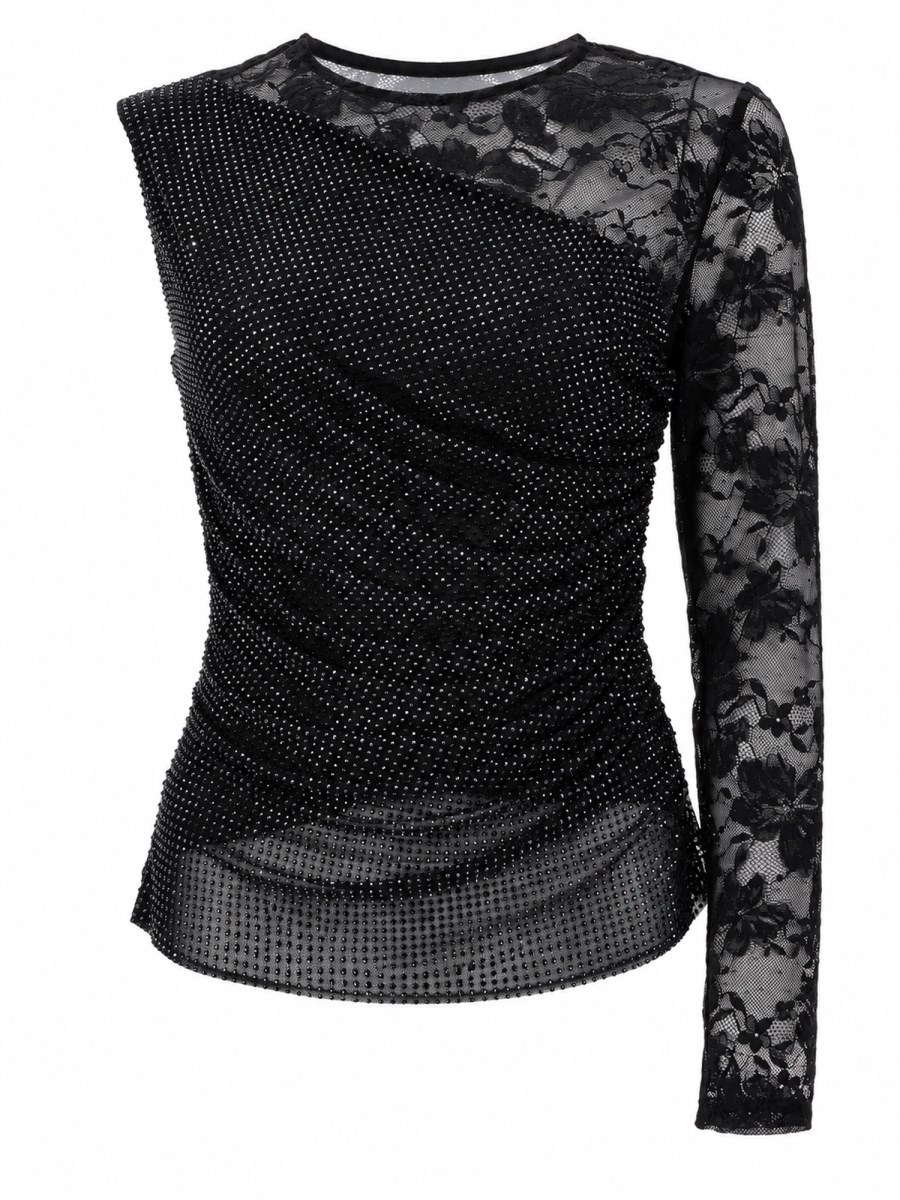 TOP MONOSPALLA CON STRASS E PIZZO
