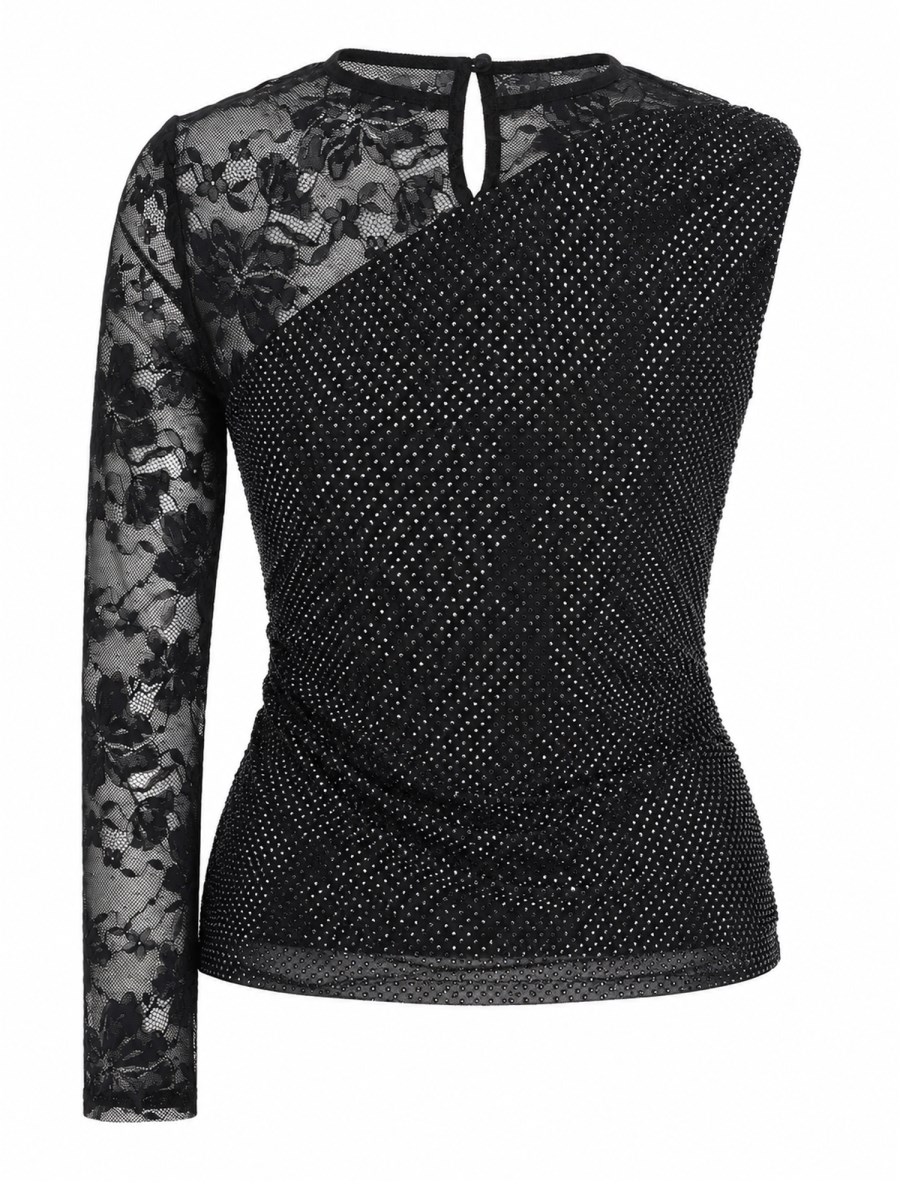 TOP MONOSPALLA CON STRASS E PIZZO