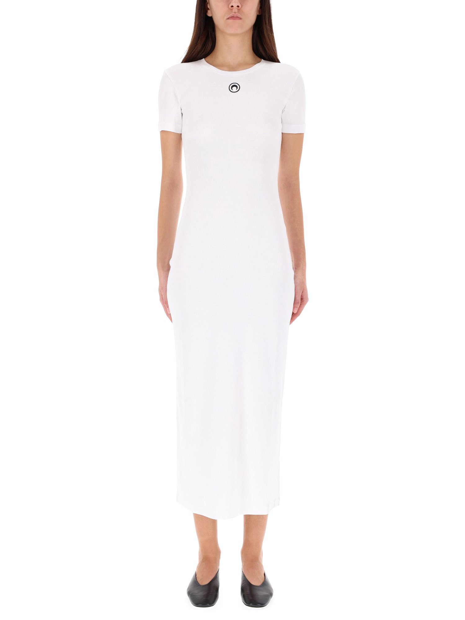 Marine Serre Ribbed Midi Dress Round Neckline In White