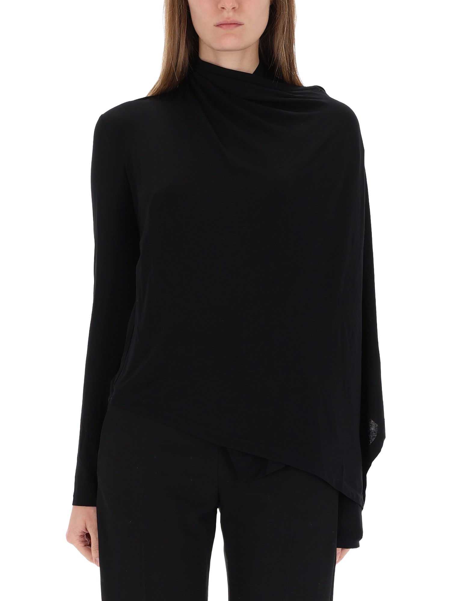 Helmut Lang Asymmetric Long Sleeve Draped Top In Black