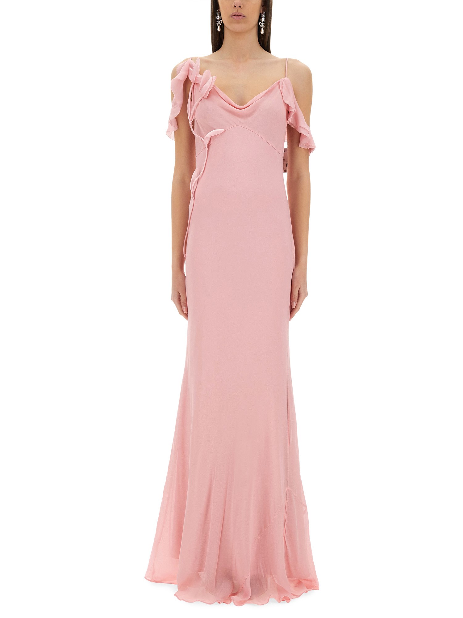 Self-portrait Long Dress With Floral Appliqués In Pink