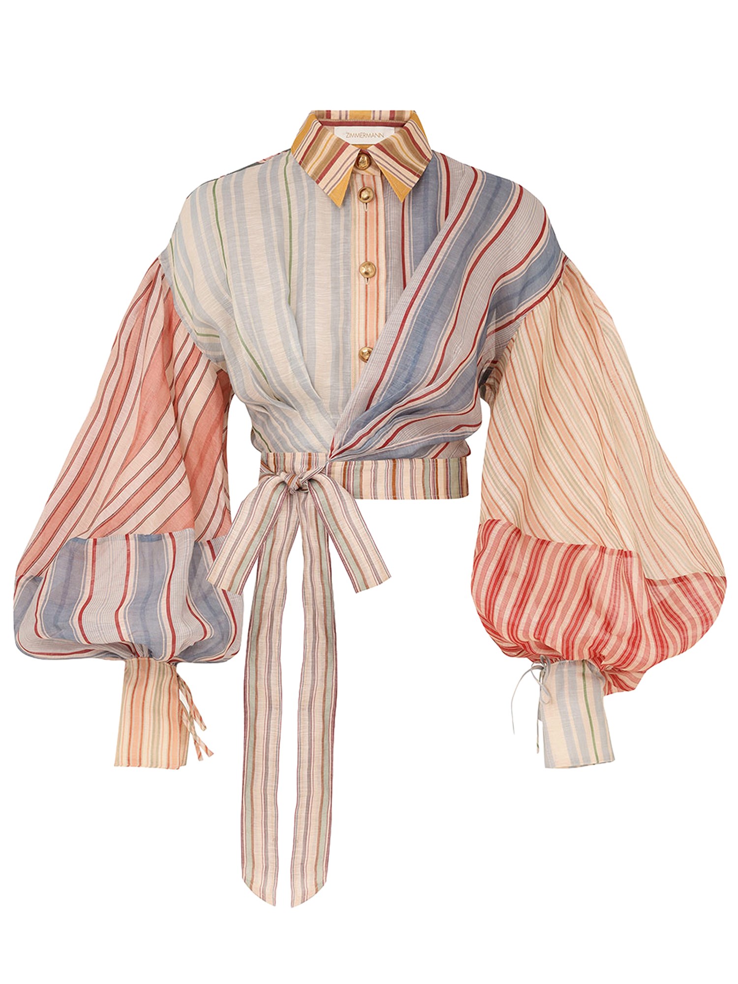 Zimmermann Striped Top With Balloon Sleeves And Tie Waist In Multi