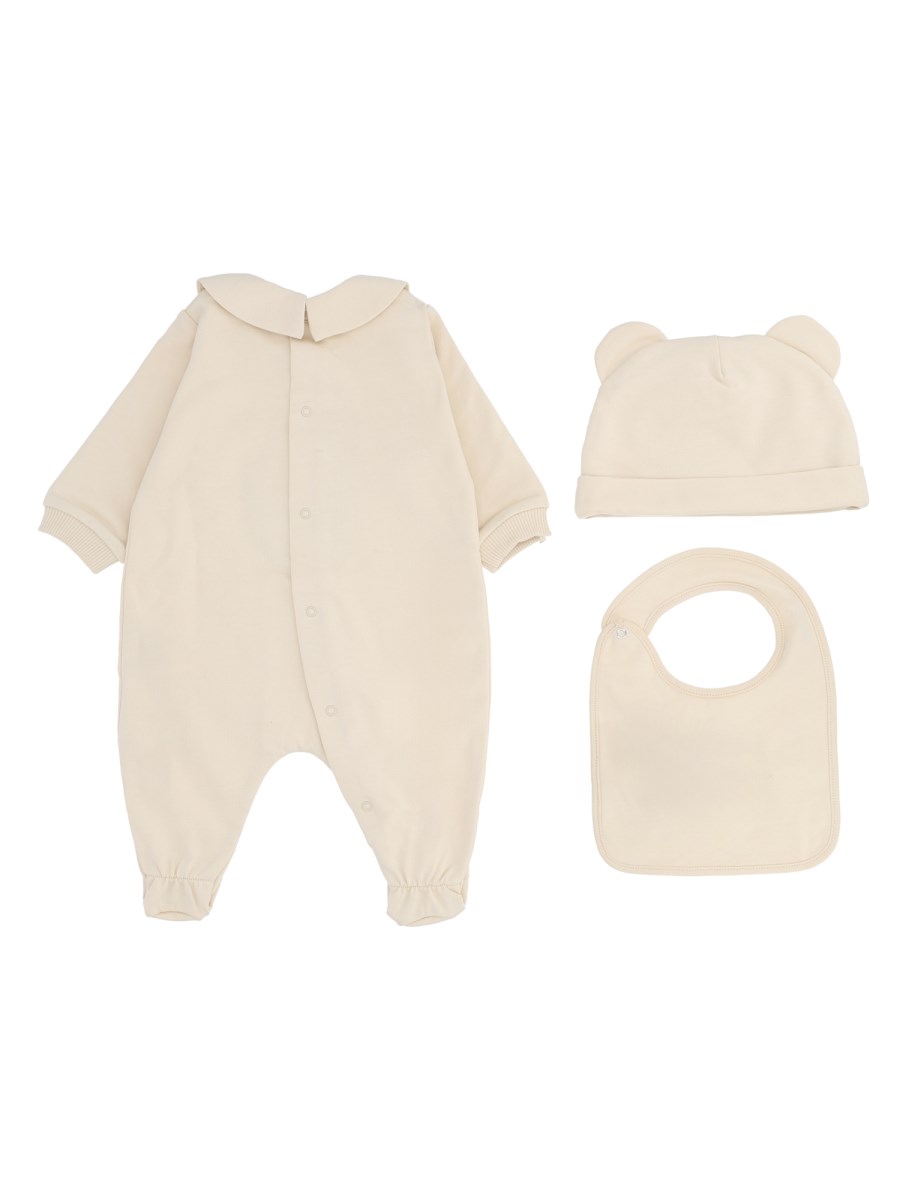 Set tutina, bavaglino coordinato e cappellino con orecchiette applicate