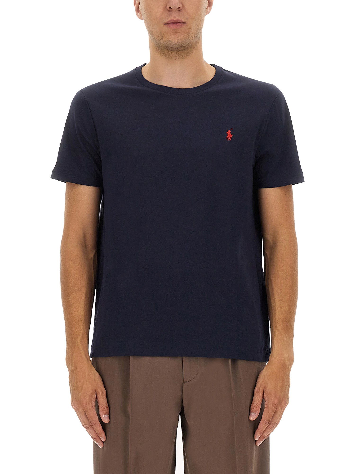 Polo Ralph Lauren Custom Slim Fit Blue Crewneck T-shirt With Pony Embroidery On The Front In Cotton Man