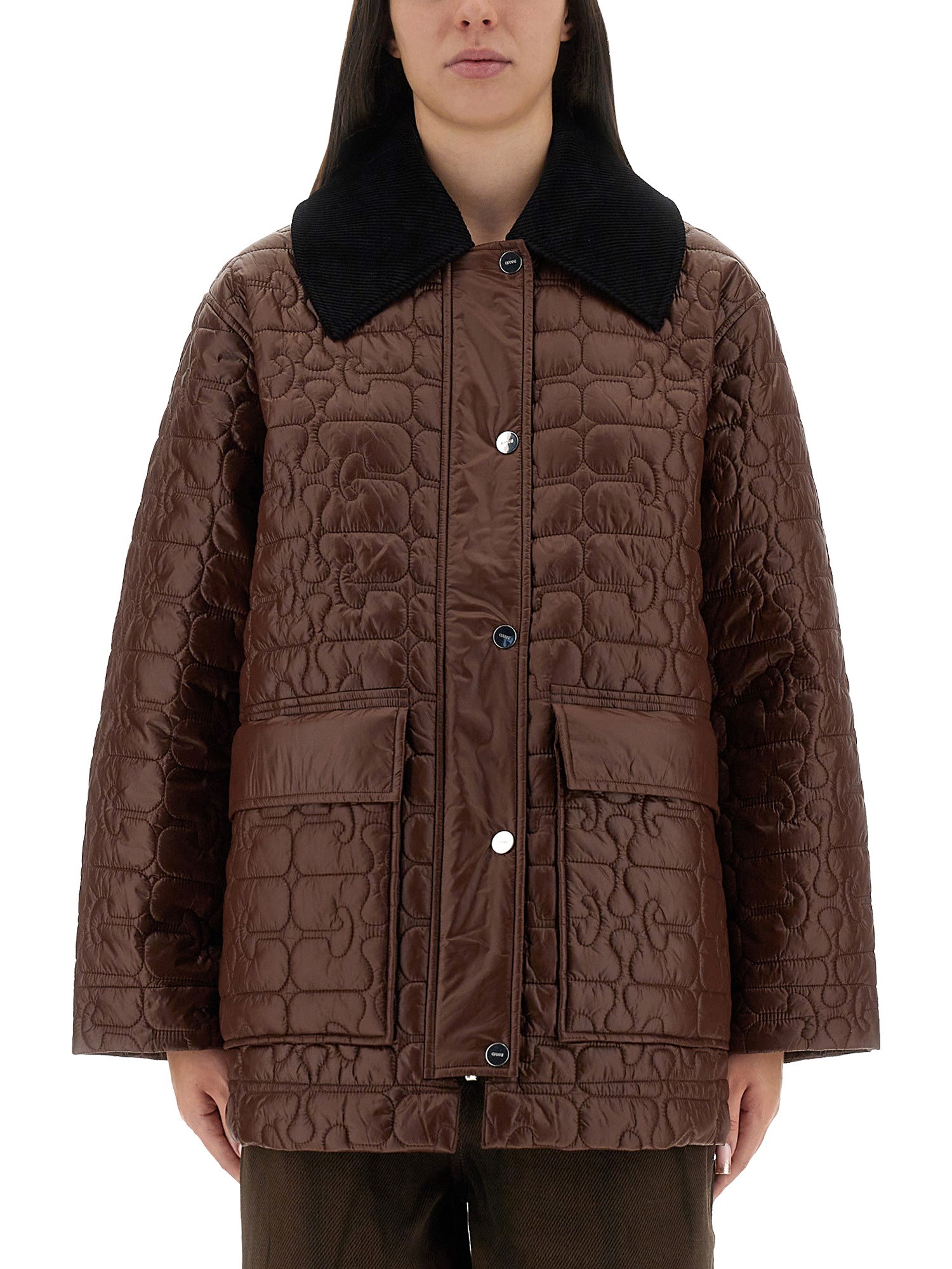 Ganni Quilted Midi Jacket In Brown