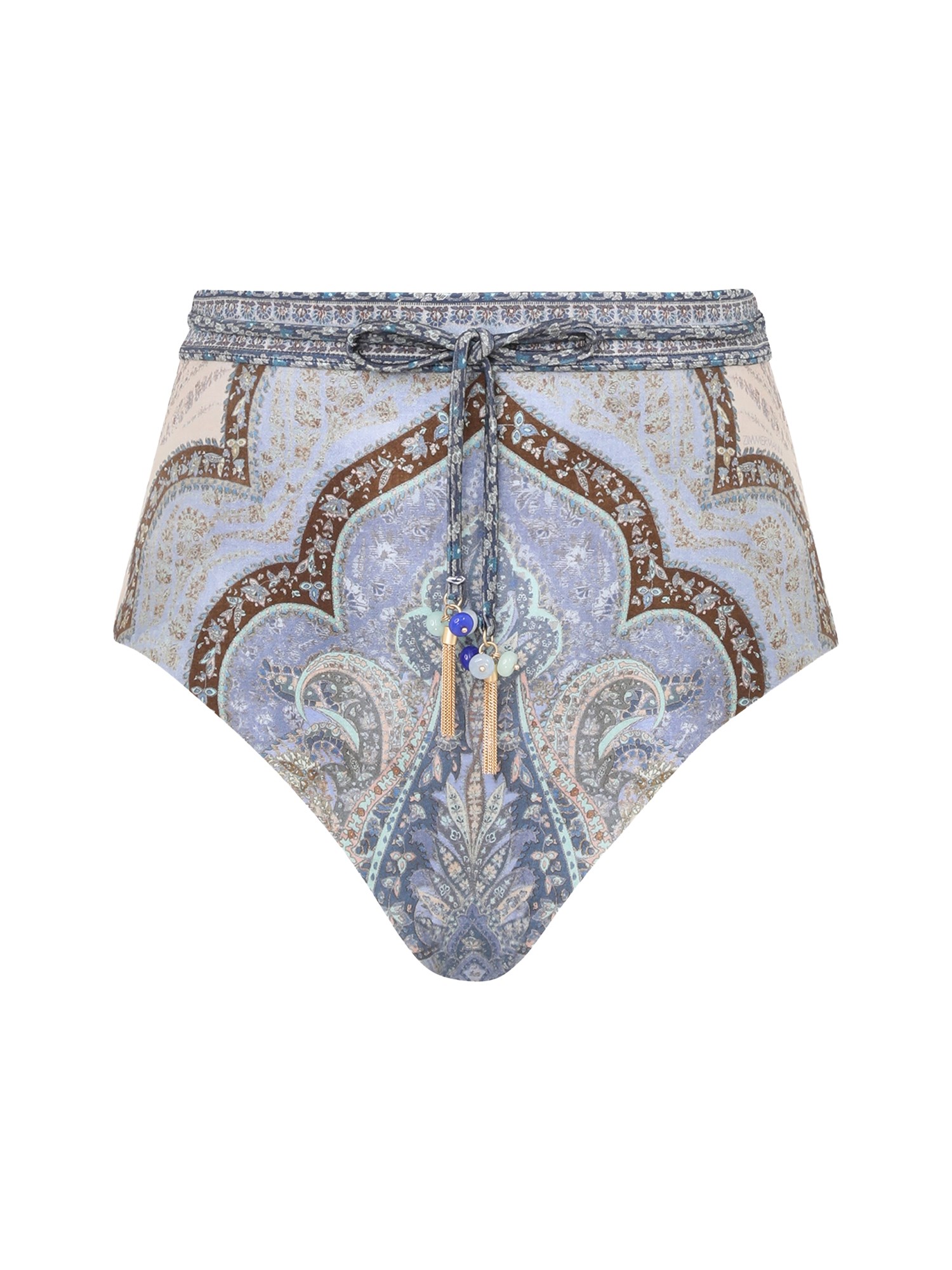 Zimmermann Wanderlust Belted Embellished Paisley-print Bikini Briefs In Blue