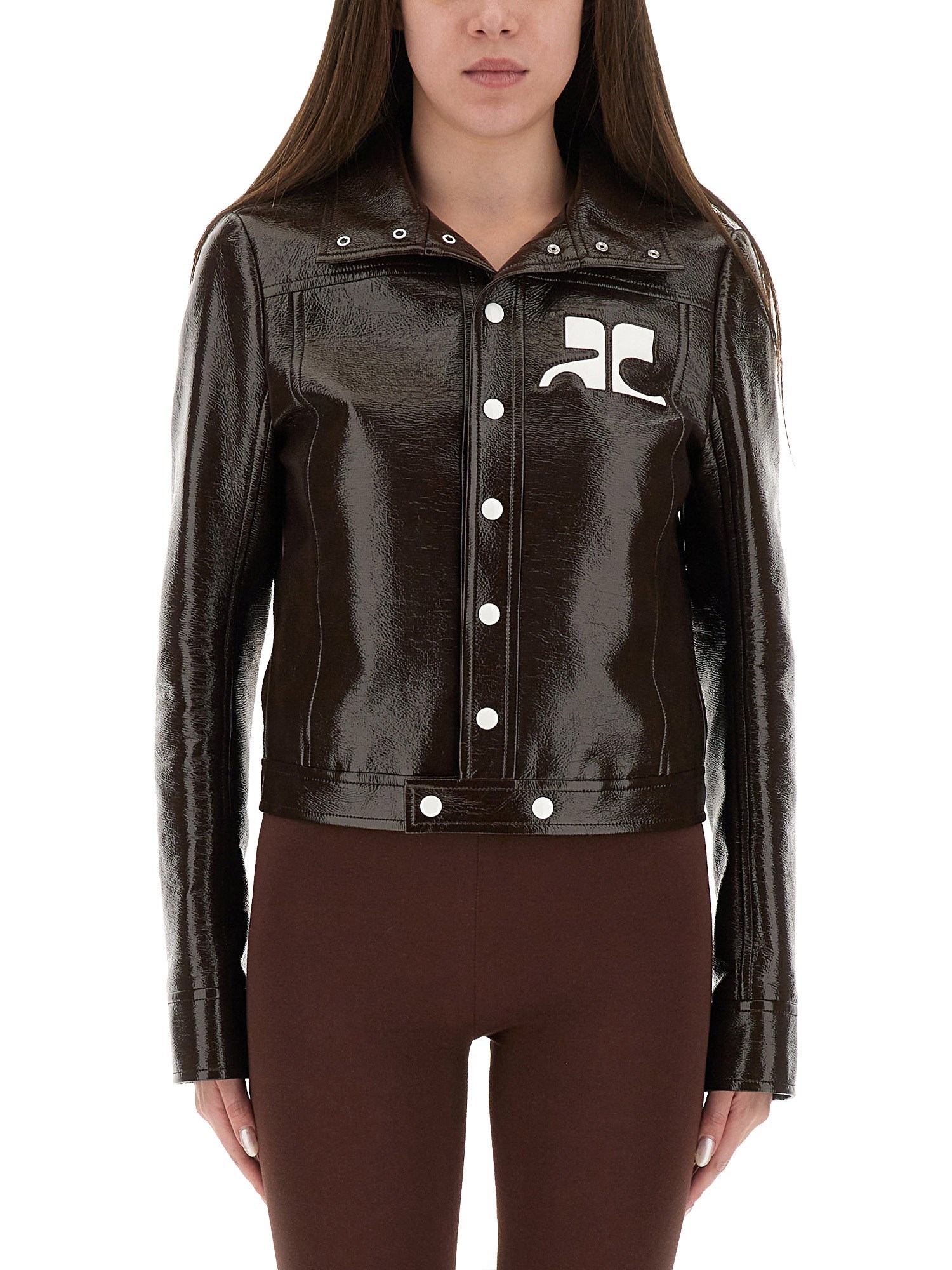 Courrèges Vinyl Straight Hem Cropped Jacket In Brown