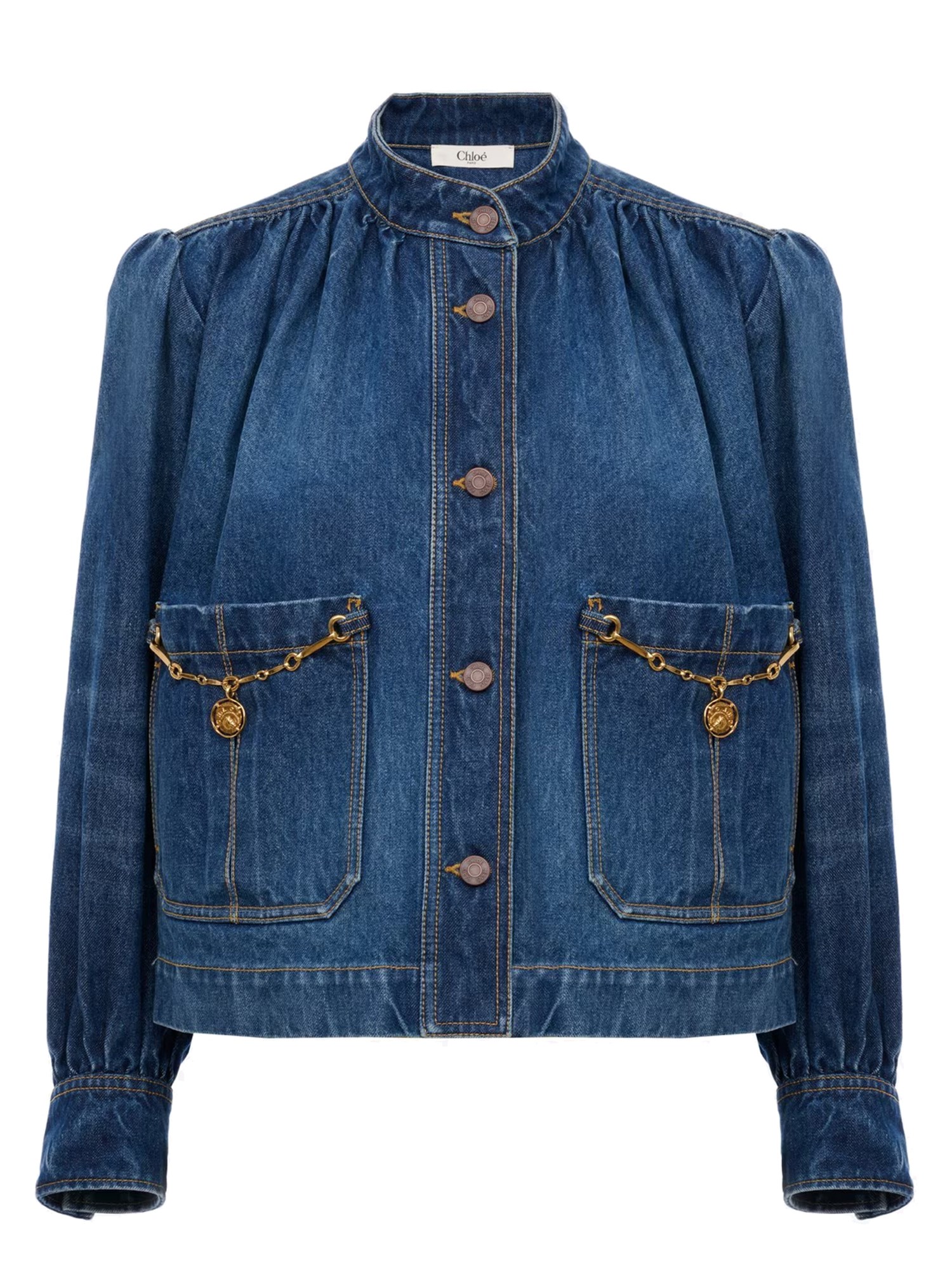 chloé denim high neck gathered jacket