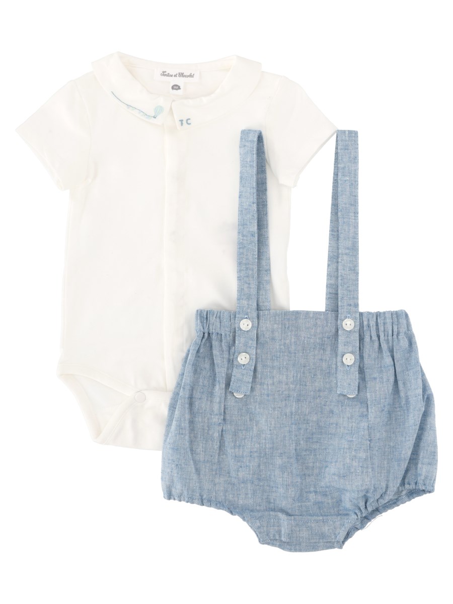 Set body con colletto e salopette in misto lino