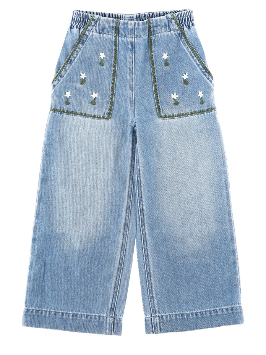 Jeans wide leg con ricamo floreale