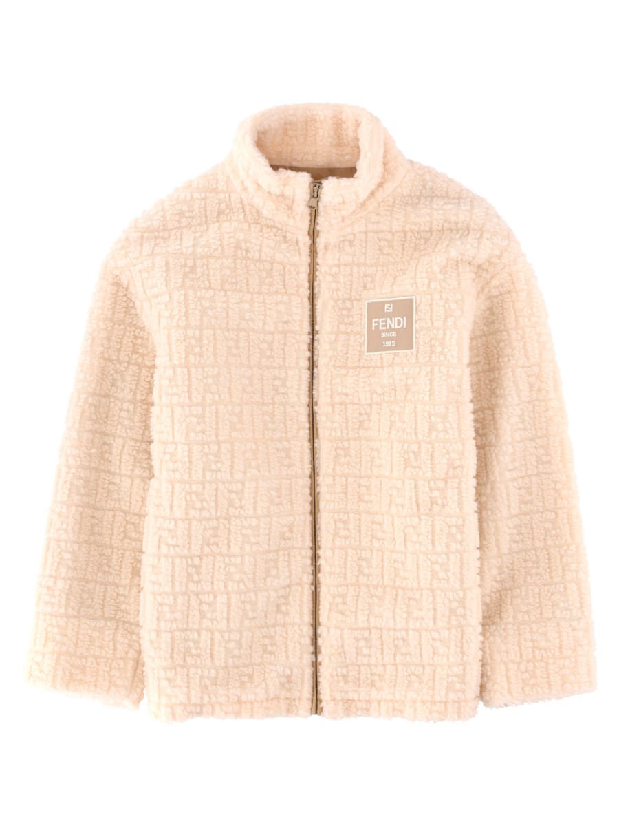 Giacca teddy con logo 3D tono su tono all-over e patch con logo Fendi
