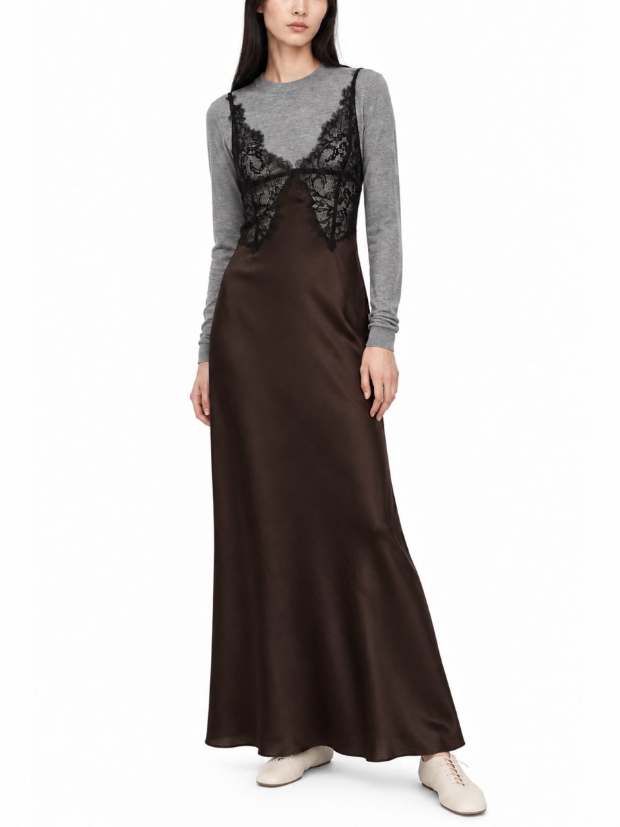 Abito in Satin con Inserto in Pizzo