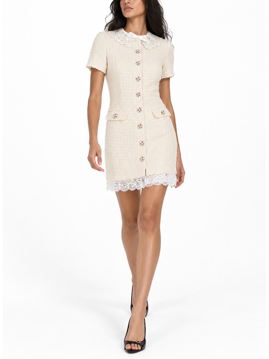Mini Abito Sartoriale in Bouclé con Inserti in Pizzo