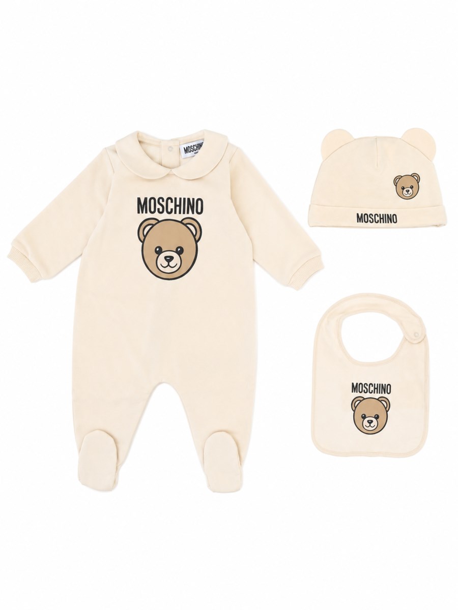 Set tutina, berretto e bavaglino con stampa teddy bear