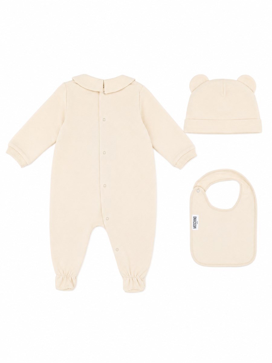 Set tutina, berretto e bavaglino con stampa teddy bear
