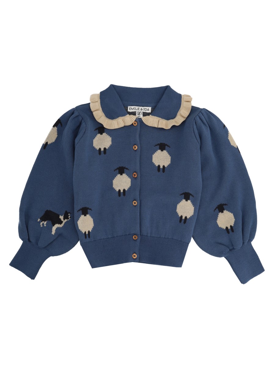 Cardigan jacquard con colletto e volant a contrasto
