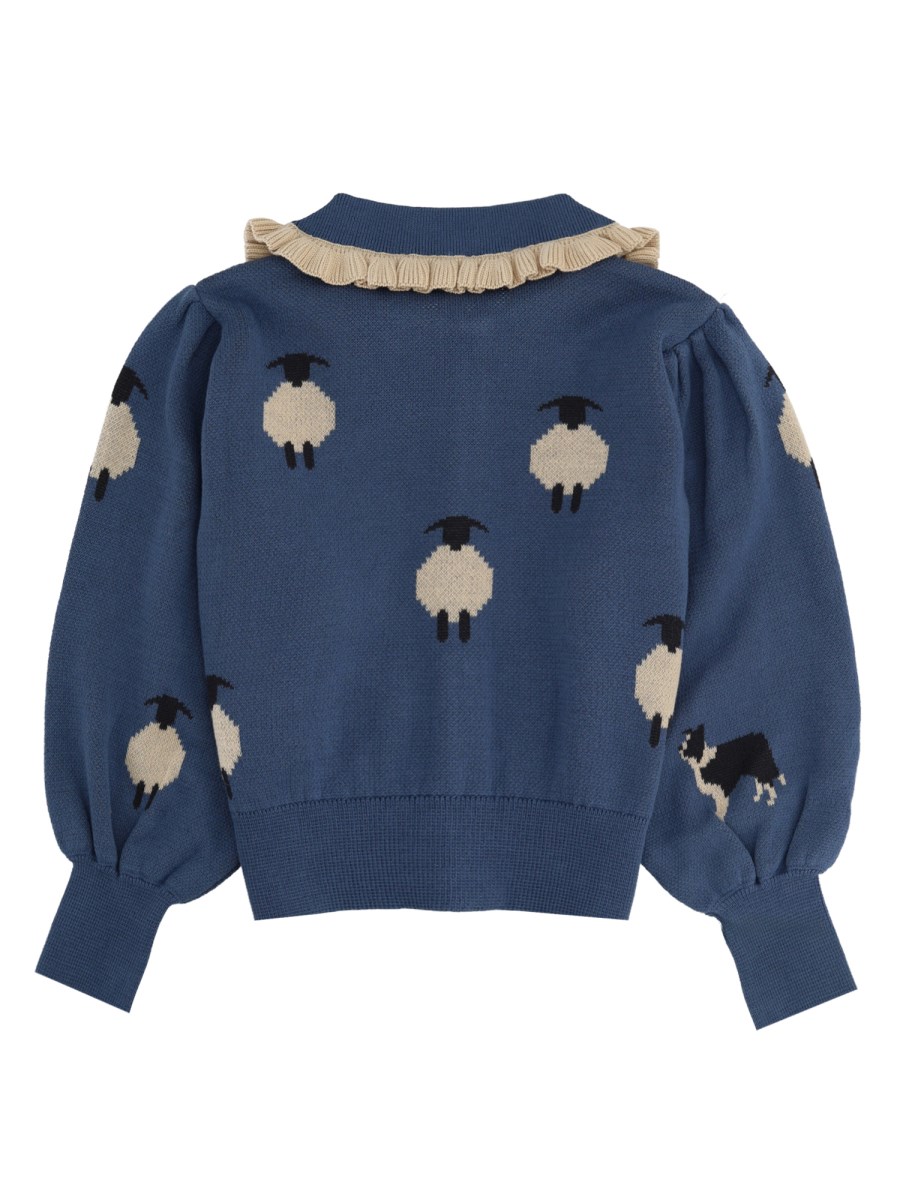 Cardigan jacquard con colletto e volant a contrasto