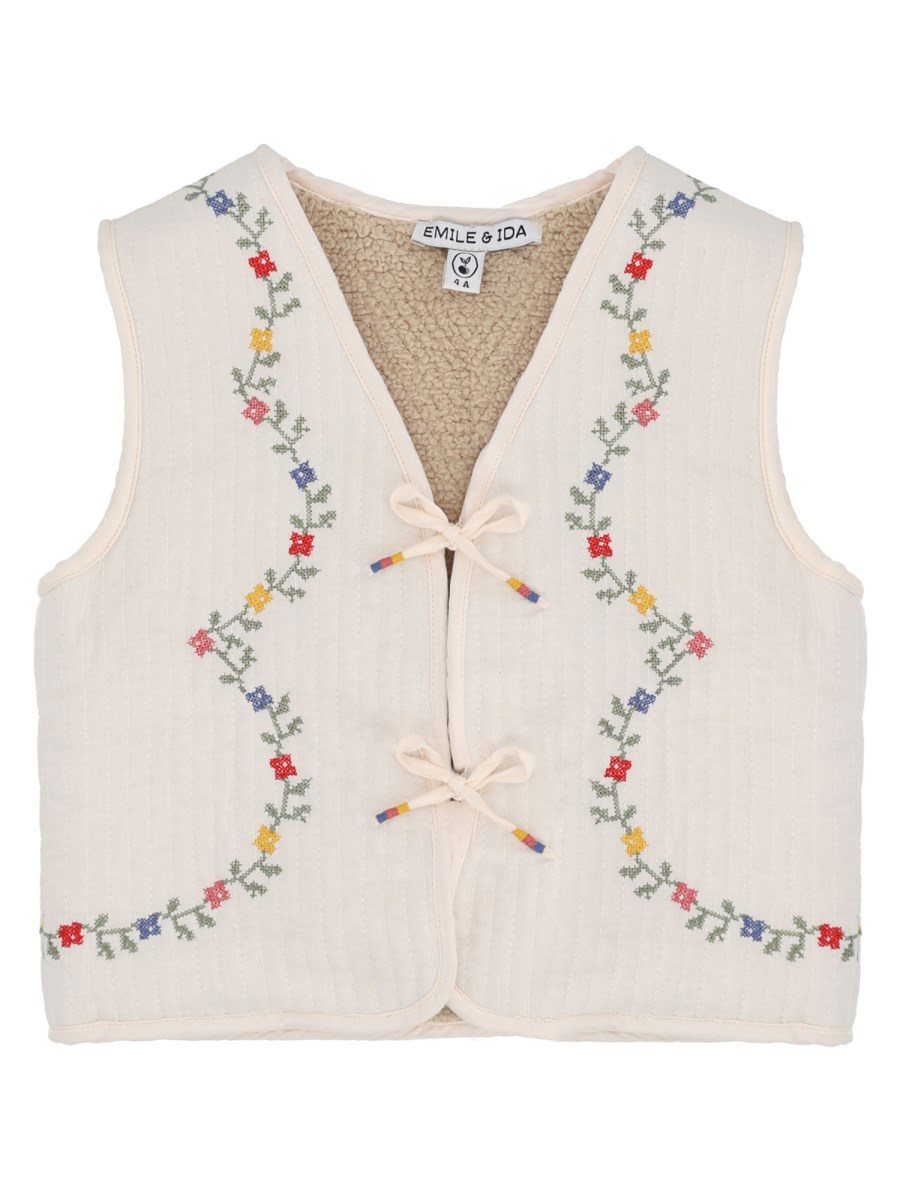 Gilet trapuntato con ricami floreali
