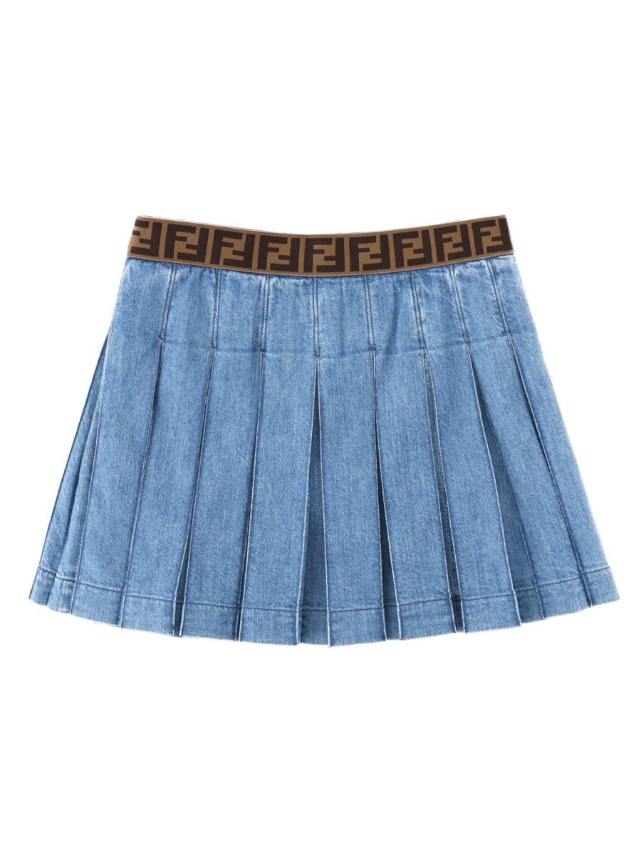 Minigonna in denim plissettato con decorazione micro baguette