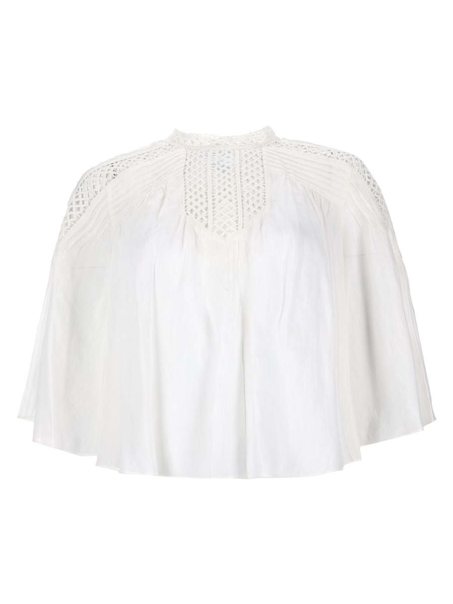 blusa parina plissettata in misto lino ricamato